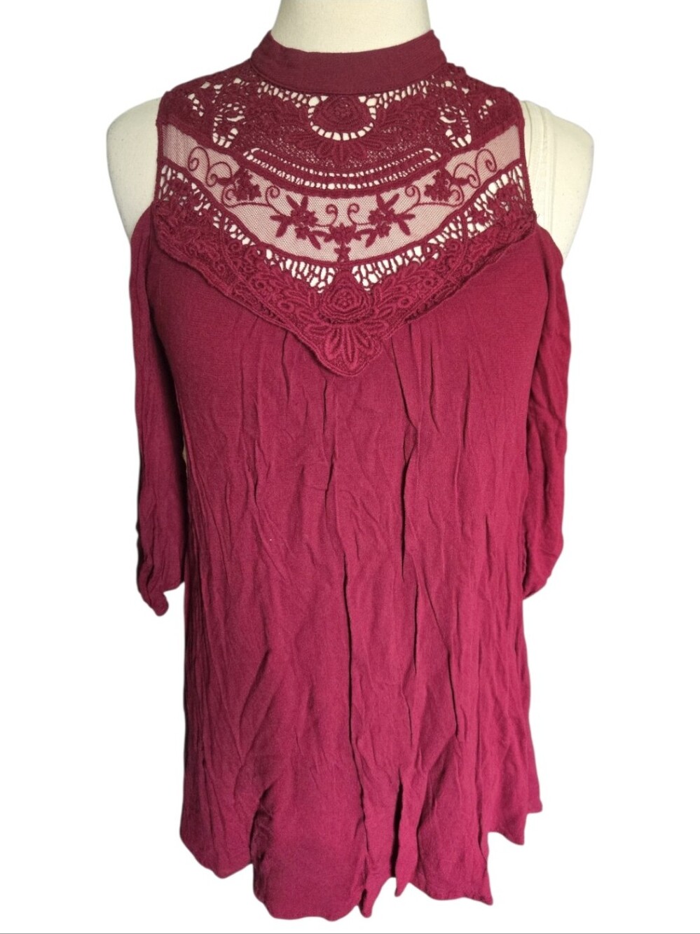 As U Wish Cold-Shoulder Lace Yoke Tunic - Burgundy